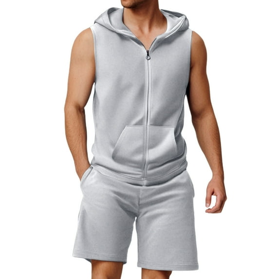 JIKNTTR Mens Short Sets 2 Piece Outfits Summer Men's Fitness Loose Breathable Plus Size Zip Up Hooded Vest Shorts Tracksuit Comfortable Loungewear Set
