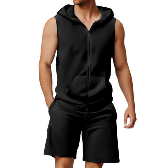 JIKNTTR Mens Short Sets 2 Piece Outfits Summer Men's Fitness Loose Breathable Plus Size Zip Up Hooded Vest Shorts Tracksuit Athletic Tracksuit Set