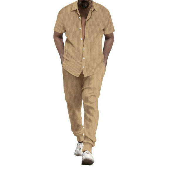 JIKNTTR Mens Summer 2 Piece Outfits Men's Linen Shirt Sets Short Sleeve Shirts Loose Yoga Pants Beach Clothing Suit Trendy Vacation Outfits