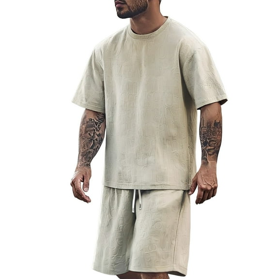 JIKNTTR Mens Summer Track Suits Men's Ice Silk Sports Suit Thin Crew Neck Printed Short Sleeved T Shirt Casual Shorts Stylish Vacation Outfits