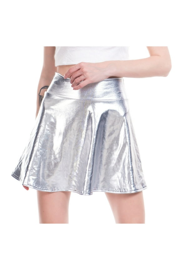 Midi Skirts For Women Fashion Casual Women's Shiny Metallic High Waist Pleated Skirt Shiny Flared Pleated A-Line Mini Skirt Trendy A-Line Skirts