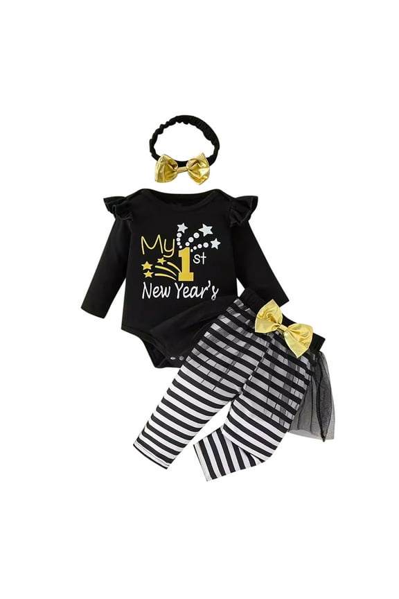 My First New Years Baby Girl Clothes My 1St New Year Outfit Long Sleeve Romper Pants Set With Bow Headband Christmas Clothing Set