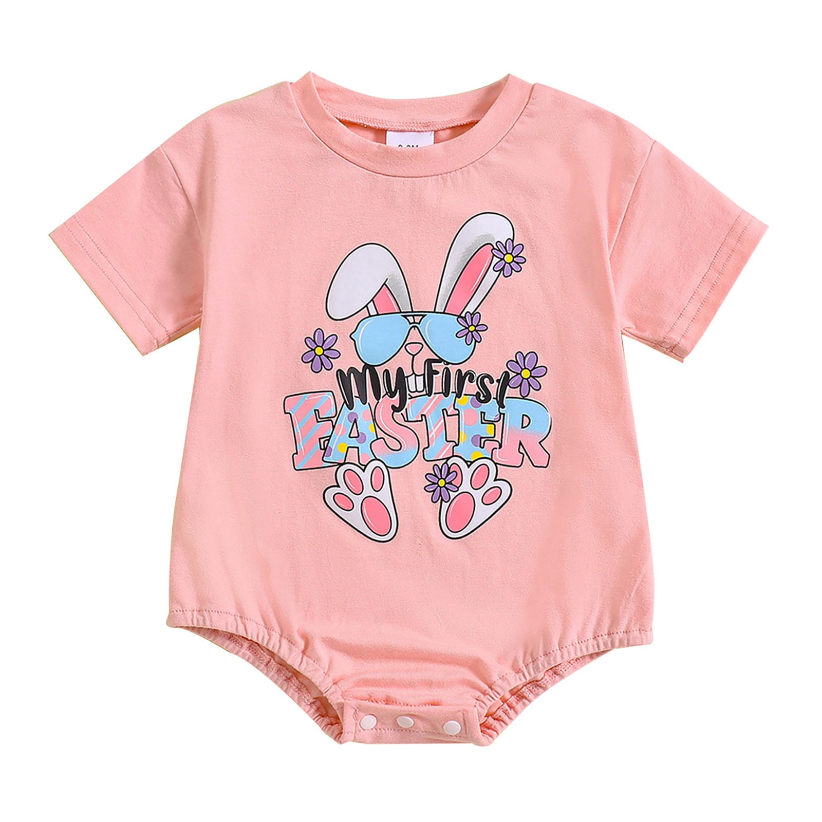 JIKNTTR Baby Girl Boy Easter Outfit Short Sleeve Letter Print Oversized Romper Bunny Bodysuit Summer Clothes Baby Onesie Bodysuits 3-6 Months