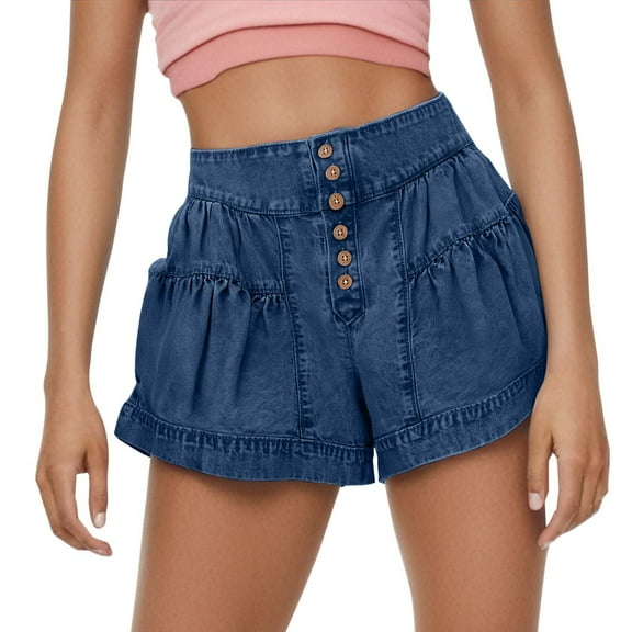 JIKNTTR Stretchy Jean Shorts for Women Frilled Denim Shorts Summer Casual Elastic Waist Pocket Shorts Comfortable Lightweight Shorts Relaxed Fit Jean Shorts
