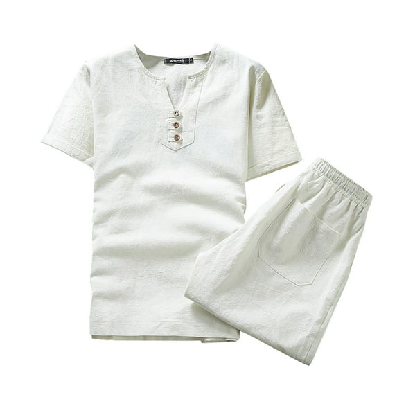 JIKNTTR Summer Mens Short Sets Solid Linen Casual Set T-Shirt Short-Sleeved Size Large Mens Set Color Men Suits & Sets Casual Loose Pant Sets