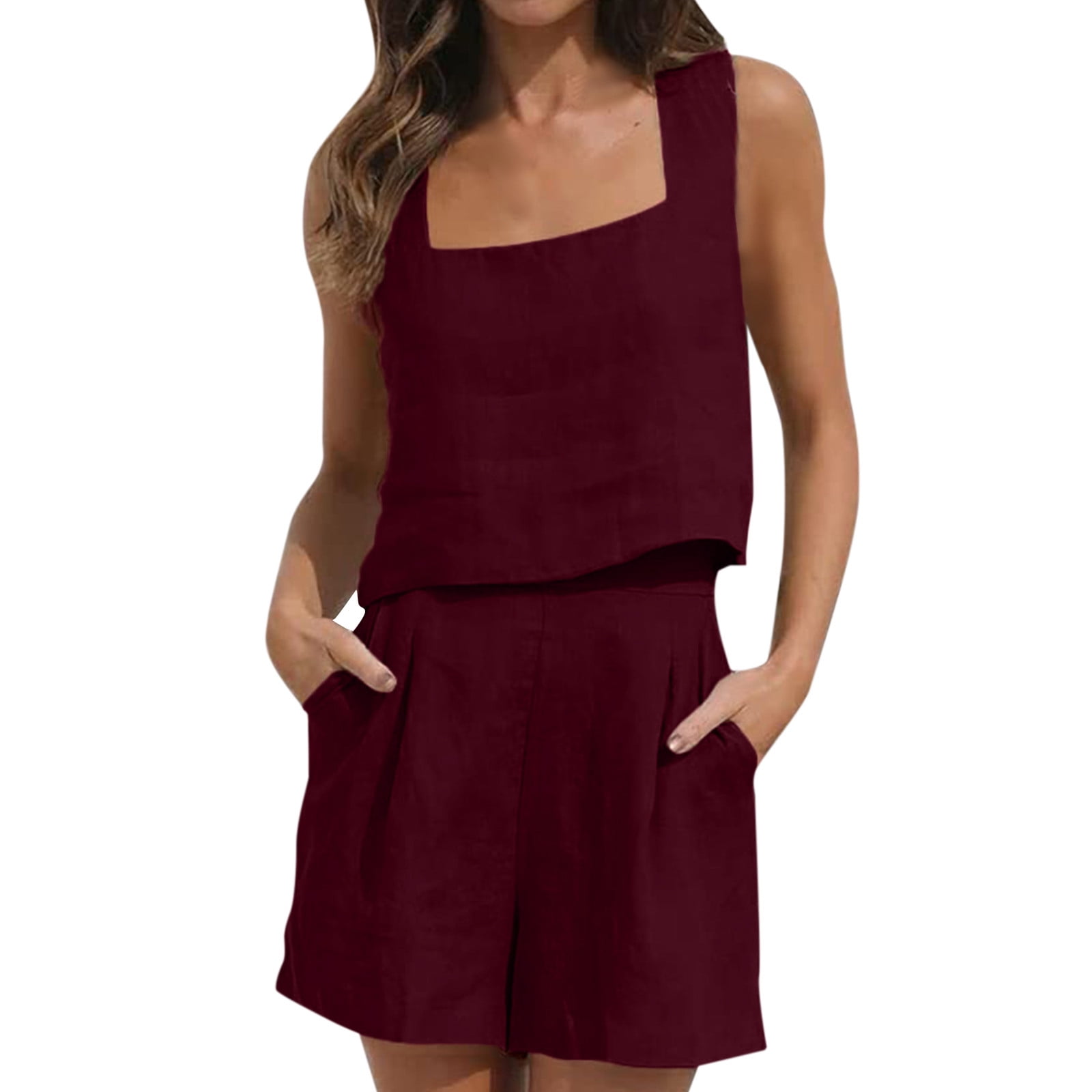 SAMPEEL Two Piece Sets For Women Summer Outfits Lounge Sets Mock Neck Tops Wide Leg Crop Pants