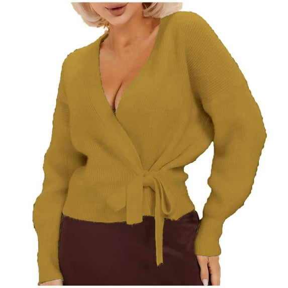 JIKNTTR Sweaters For Women Winter Trendy V Neck Tied Knit Cardigan Slim Fit Sweater Jacket For Fall Fashion Soft Knit Lightweight Sweater