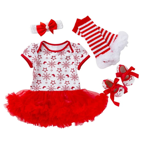 JIKNTTR Toddler Baby Girl Christmas Outfit Short Sleeve Romper Tutu Dress With Headband Leg Warmer Shoes 4Pc Children's Suit Fashion Christmas Outfits
