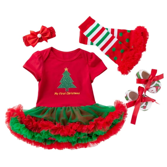 JIKNTTR Toddler Baby Girl Christmas Outfit Short Sleeve Romper Tutu Dress With Headband Leg Warmer Shoes 4Pc Children's Suit Toddler Girls Outfits