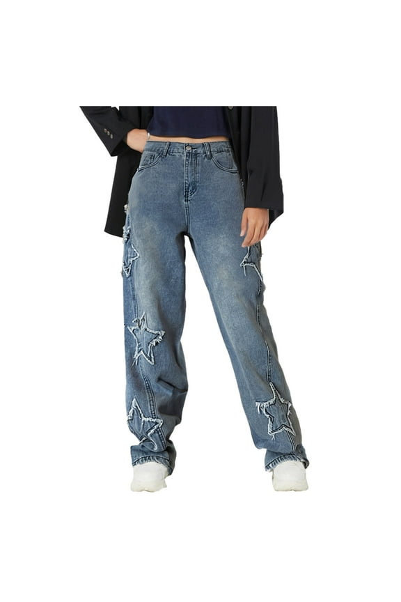 Trendy Womens Jeans Star Embroidered Denim Pants Loose Fit Straight Wide Leg Trousers Unique Fashion Jeans Trendy Denim Pants