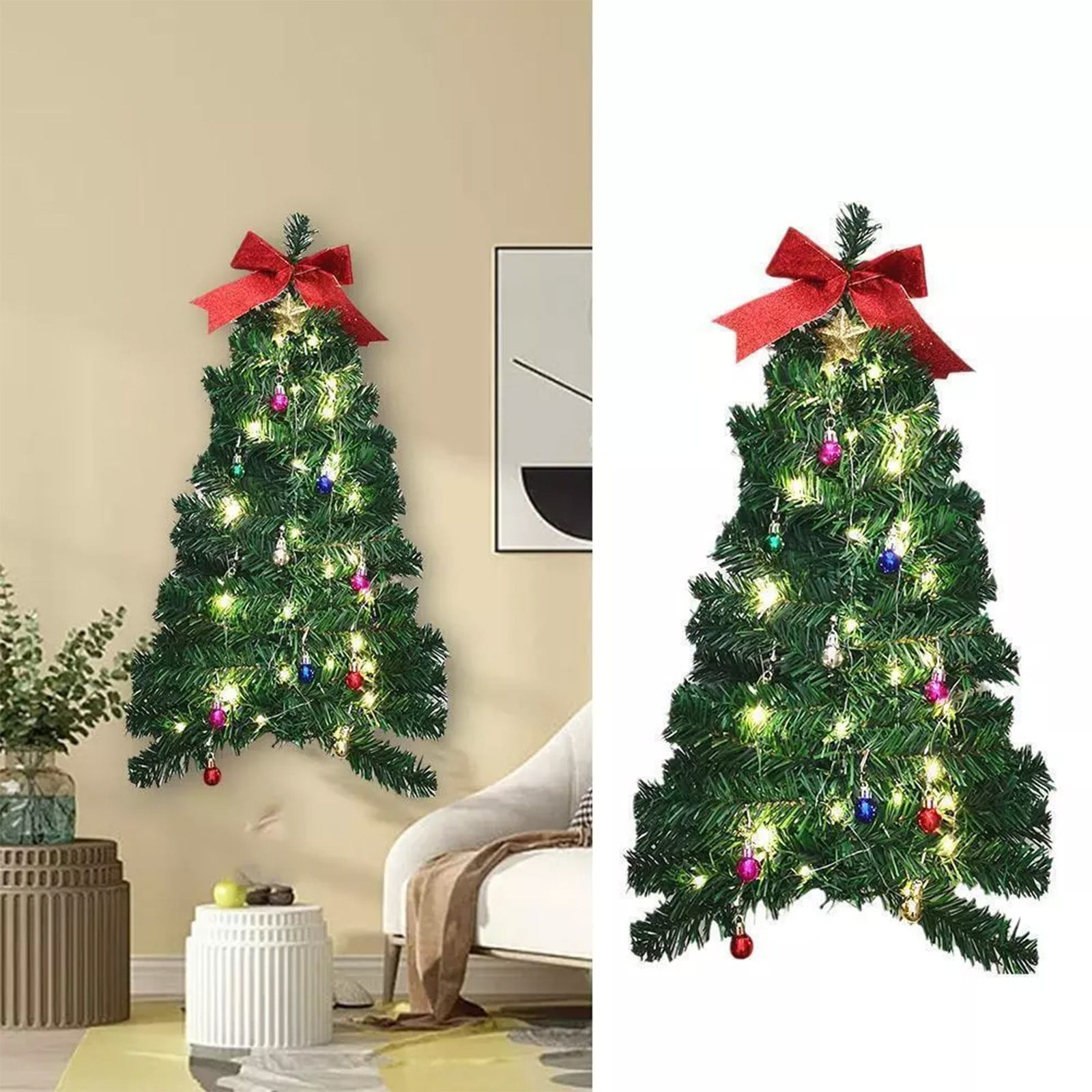 JIKNTTR Wall Hanging Christmas Tree With Lights Realistic Easy Setup Lighted Artificial ...