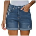 thumbnail image 1 of JIKNTTR Women Casual Summer Denim Jean Shorts Stretchy High Waisted Ripped Denim Shorts With Pockets Trendy Distressed Cut Off Shorts Elastic Waist Drawstring Comfy Shorts, 1 of 9