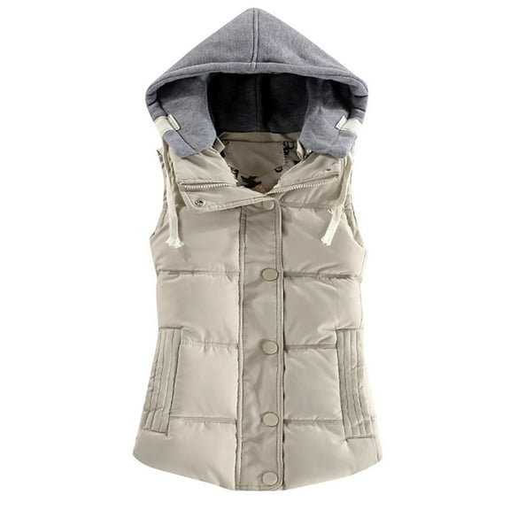 JIKNTTR Women Jacket Casual Slim Sleeveless Quilted Removable Hooded Winter Vest Coat Casual Coat Fashion Streetwear