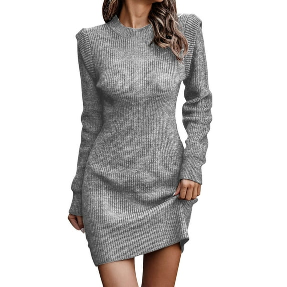 JIKNTTR Women Knit Dress Puff Long Sleeve Dress for Fall Winter Round Neck Casual Tunic Dress Elegant Formal Mini Dresses