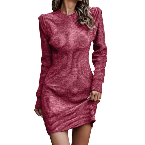 JIKNTTR Women Knit Dress Puff Long Sleeve Dress for Fall Winter Round Neck Casual Tunic Dress Oversized Sweater Dress Soft