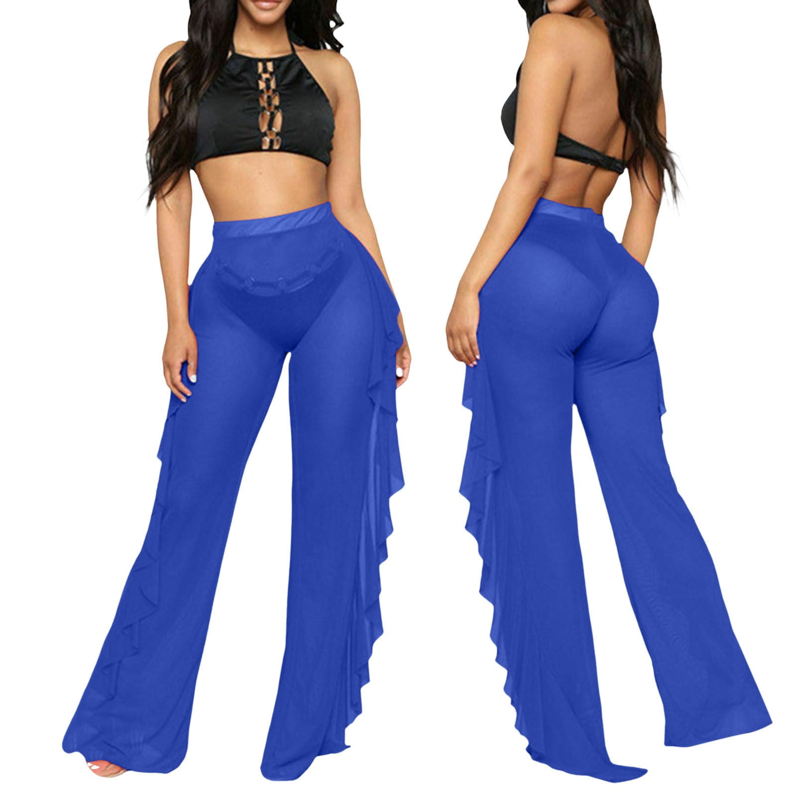 ZAXARRA Women See-through Mesh Ruffle Bottoms Cover Up Swimsuit