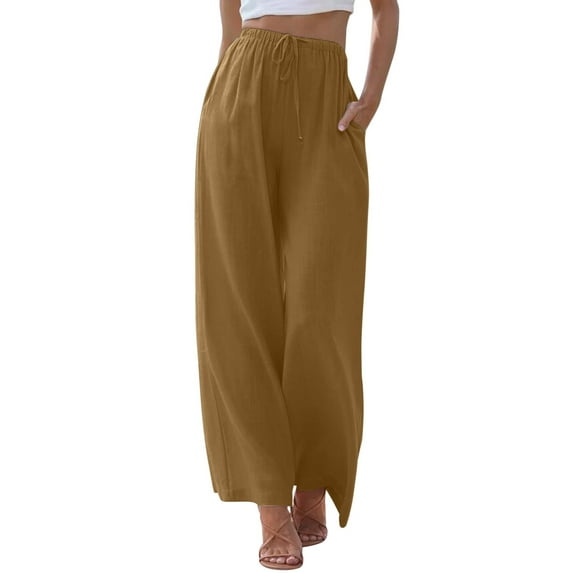 JIKNTTR Women's Linen Long Pants Summer Drawstring Elastic Waist Flowy Straight Trousers Fashion Casual Loose Beach Pants With Pockets Travel Summer Pants