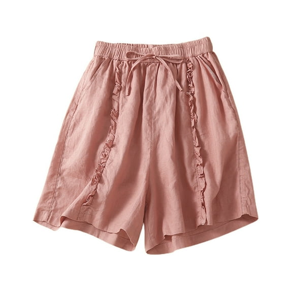JIKNTTR Women's Linen Shorts Women's Summer Linen High Waist Wide Leg Shorts With Ruffled Hem Retro Vintage Style Casual Loose Running Active Shorts