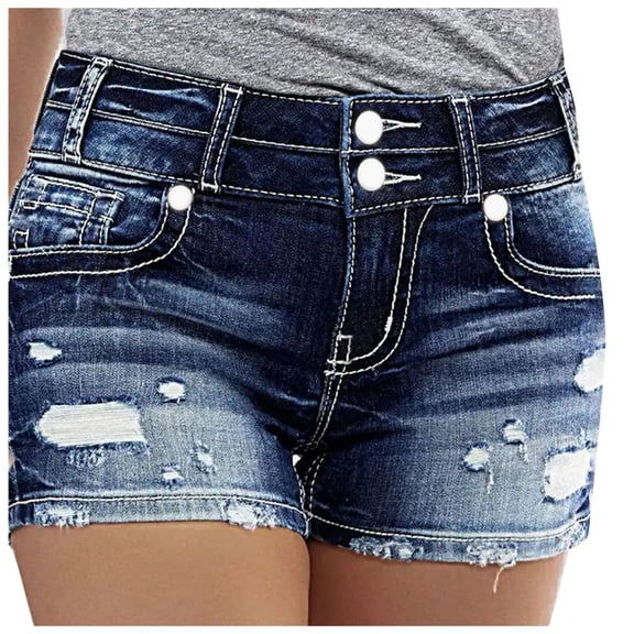 JIKNTTR Women's Stretchy Jean Shorts Summer Casual Short Jeans High Rise Ripped Rolled Hem Denim Shorts Jeans With Pocket Versatile Denim Shorts
