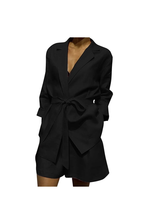 Women's Summer Outfits Matching Lounge Sets Lapels Business Office Plain Long Sleeve Suit Jacket Slim Fit Shorts 2 Piece Set Stylish Short Pants Lounge Sets Tracksuit