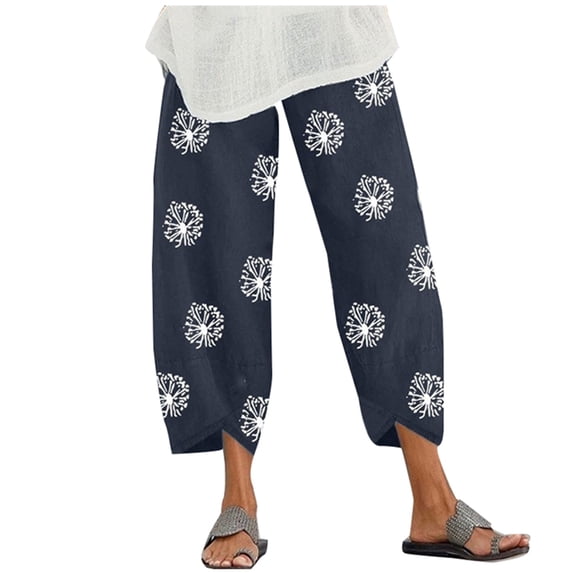 JIKNTTR Women's Sweatpants Capri Pants Lady Elastic Waist Wide Leg Pants Flowers Print Casual Trousers Pants Cargo Capri Pant