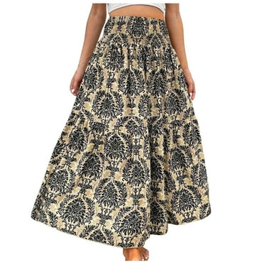 JIKNTTR Women's Vintage A-line Printed Pleated Midi Skirts Summer Bohemian Lace Up Floral Print Flowy Long Skirt Female Loose Split Boho Skirt Bohemian Trendy Maxi Summer Skirt