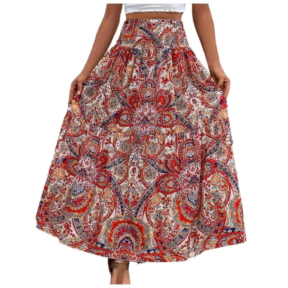 JIKNTTR Women's Vintage A-line Printed Pleated Midi Skirts Summer Bohemian Lace Up Floral Print Flowy Long Skirt Female Loose Split Boho Skirt Tennis Skirt with Shorts Golf Skort Pocket