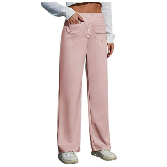 JIKNTTR Women's Work Pants High Elastic Waisted Trousers Straight Wide Leg Pants Button Down Casual Trousers With Pockets Beach Trousers Dailywear