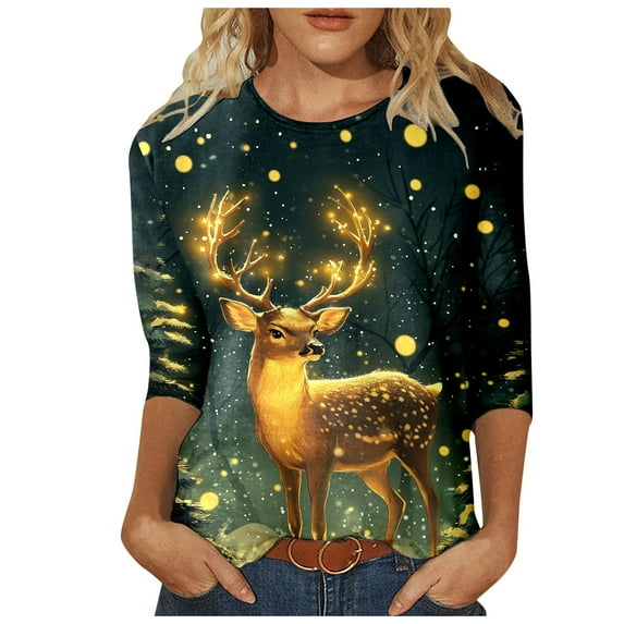 JIKNTTR Womens Christmas Printed Tshirts Tops Trendy Cute 3/4 Length Sleeve Round Neck Shirts Loose Fit T Shirts Fall Fashion Tops Thermal Pullover Tops