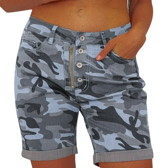 JIKNTTR Womens Jean Shorts Casual Denim Prints Mid Waist Camouflage Pants Short Jeans Womens Classic Pockets Leisure Stretchy Jeans Fashionable Versatile Jorts