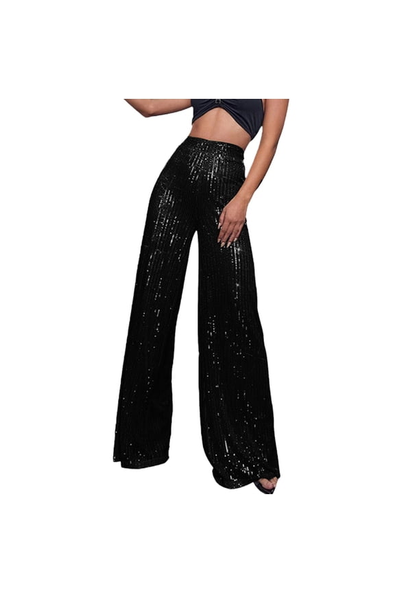 Womens Sequins Pants Women's Elastic High Waisted Wide Leg Trousers Party Clubwear Loose Fashion Glitter Shiny Pants Athletic Joggers Pant