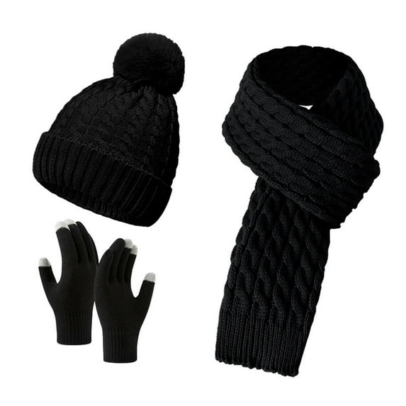 JIKNTTR Womens Winter Warm Knit Beanie Hat Touchscreen Gloves Long Neck Scarf Set 3 Pcs Lined Pompom Hats Scarf Gloves Set Leisure Hat