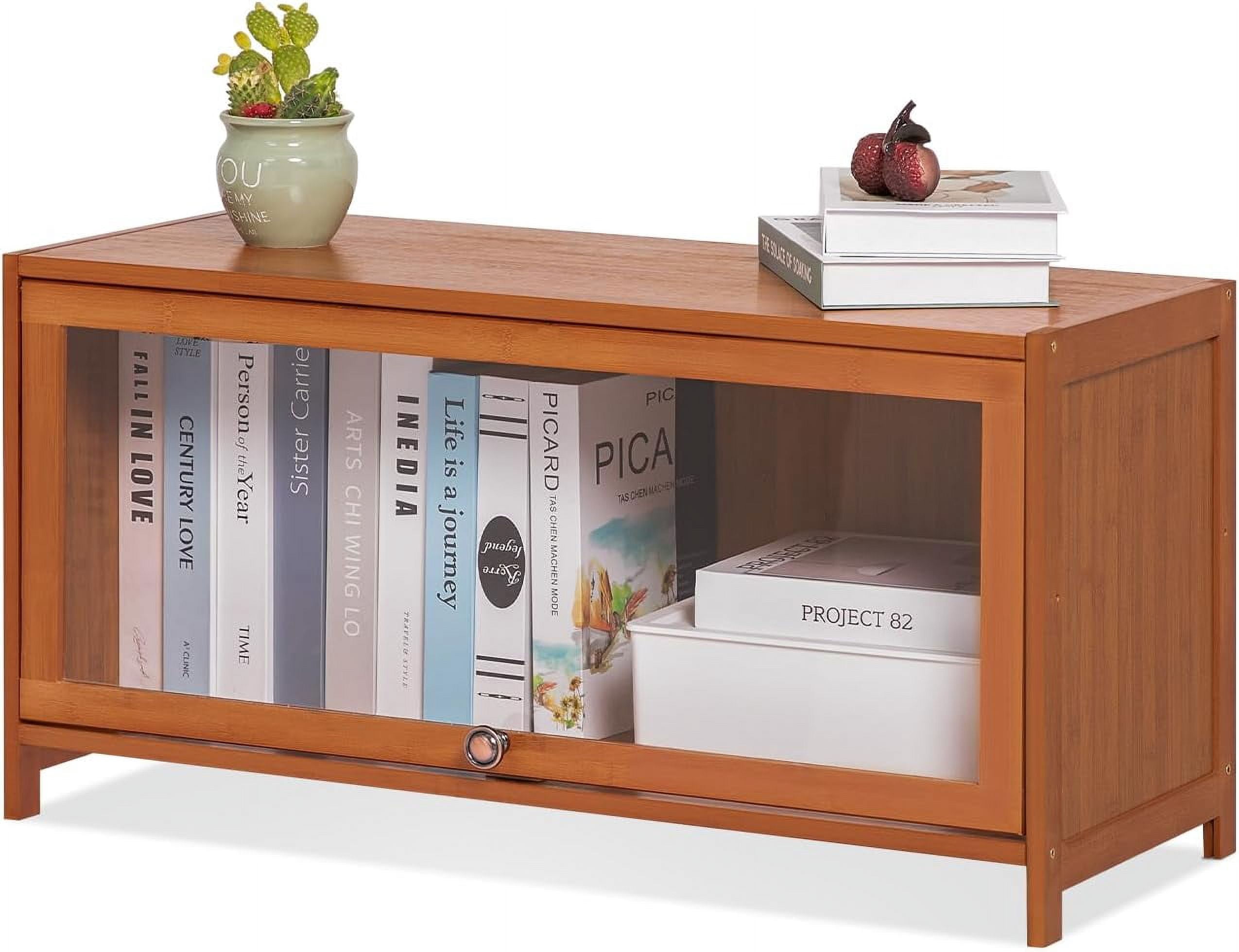 Table Bookcase JIKUETWGTG Bamboo Bookcase with Doors Table Top Display Case Bookshelf ...