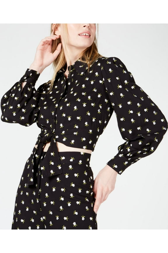 Womens Black Tie Floral Long Sleeve Collared Blouse Size: 0