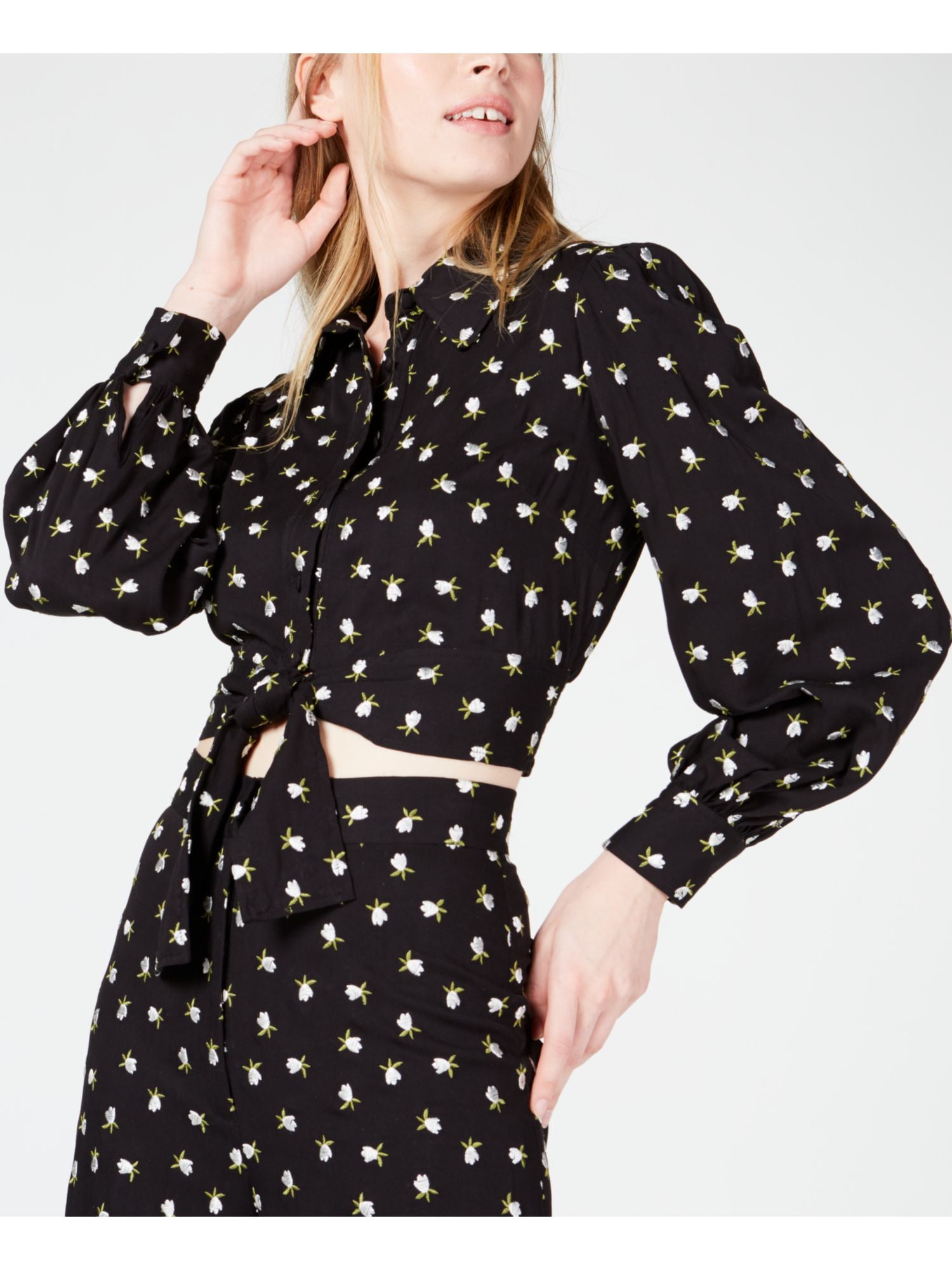 JILL STUART Womens Black Tie Floral Long Sleeve Collared Blouse