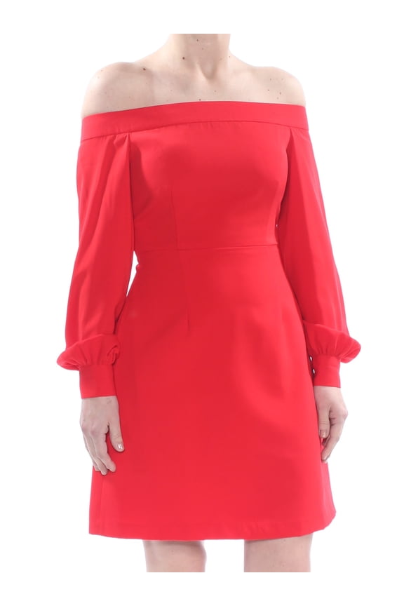 Womens Red Long Sleeve Off Shoulder Above The Knee Party A-Line Dress 2
