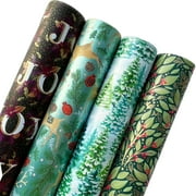 JILLSON & ROBERTS Mature Christmas Wrapping Paper Roll Bundle (25 sq ft per roll, 100 Total Sq Ft) Trees, Reindeer, Holly, Floral, 4 Pack