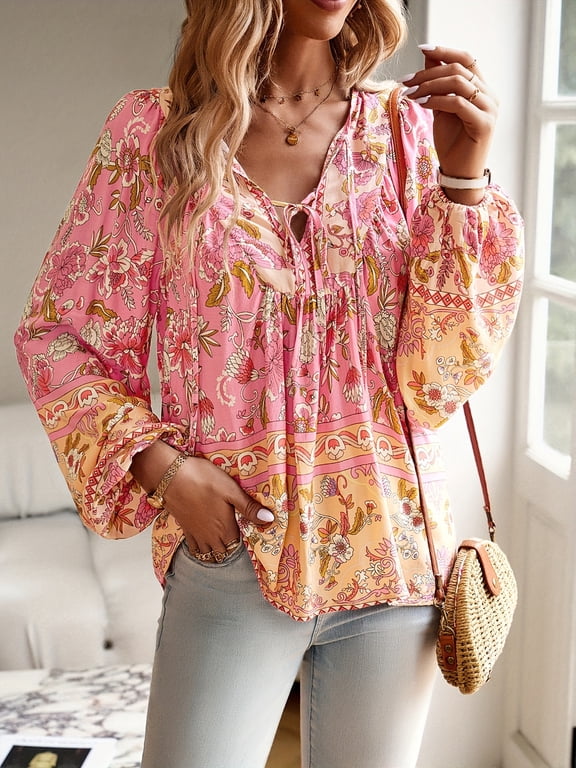 Women Boho Floral Blouse Tie Front V Neck Long Lantern Sleeve Loose Bohemian Peasant Tops