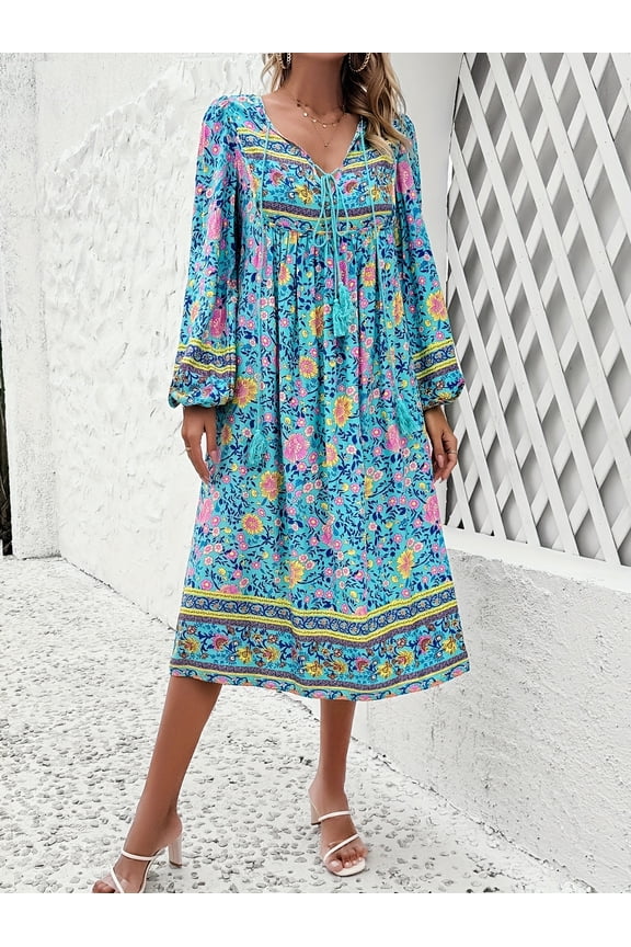 Women Boho Floral Midi Dress Long Sleeve Tassel V Neck Ethnic Printed Loose Flowy Beach Swing Dresses