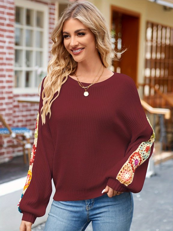 Women Crochet Sleeve Sweater Boho Floral Patchwork Pullover Crewneck Loose Fit Long Sleeve Jumper Casual Top