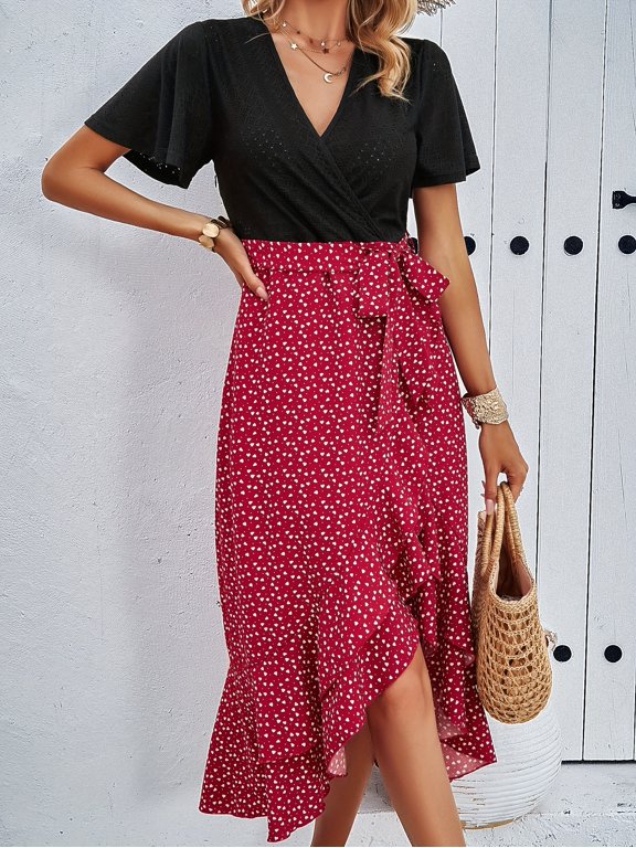Women Deep V Neck Wrap Dress Flutter Sleeve Floral Midi High Slit Ruffle Hem Boho Summer Beach Vacation Dresses