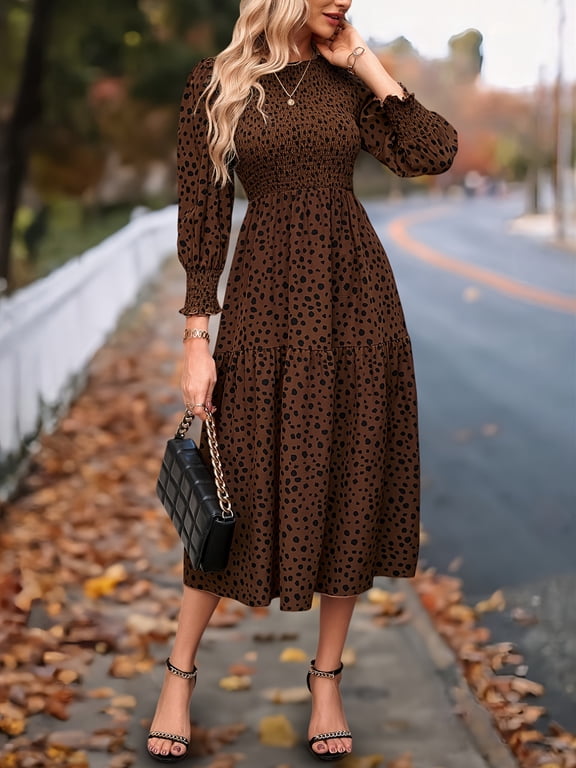 Women Smocked Midi Dress Long Sleeve Tiered Leopard Print Crew Neck High Waist Casual Fall Dresses