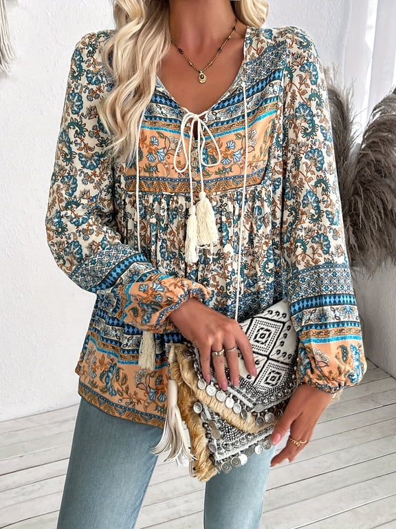 Women's Boho Floral Print Tops V Neck Tassel Tie Front Long Sleeve Babydoll Peasant Shirts Casual Loose Flowy Tunics