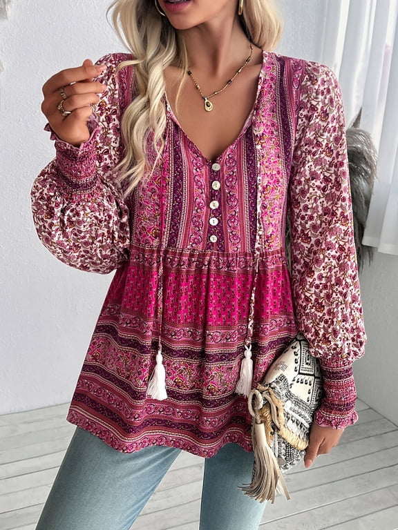 Women's Boho Floral Printed Long Sleeve Blouse V Neck Tassel Tie Peplum Top Casual Loose Shirt for Spring Summer