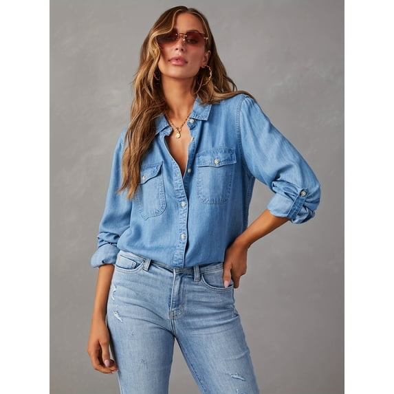 JILLUMI Women's Denim Shirt, Long Sleeve Button Down Jean Blouse with Pockets