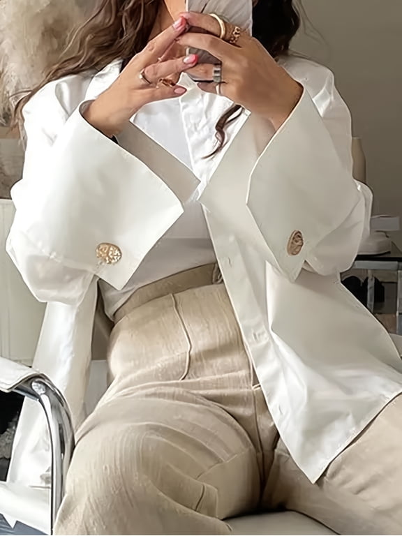 Women's White Button Down Shirts Oversized Long Sleeve Blouses French Cuff Collared Casual Work Office Tops with Pocket