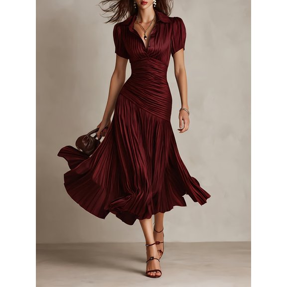 JILLUMI Womens Pleated Midi Dress Elegant Short Sleeve V Neck Ruched Waist Cocktail Wedding Guest Evening Party Dresses