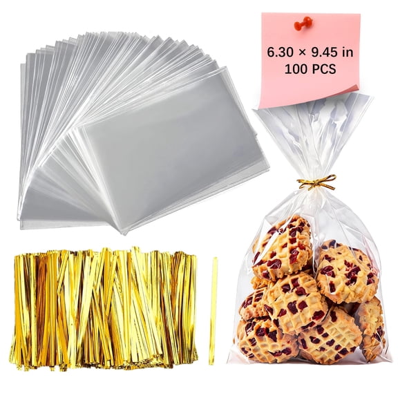 JILhome 100 Pack Cellophane Treat Bags, 6x9 Inches Clear Gift Bag with Twist Ties, Party Favor Bags for Gift Wrapping,Packaging Candies,Dessert,Bakery