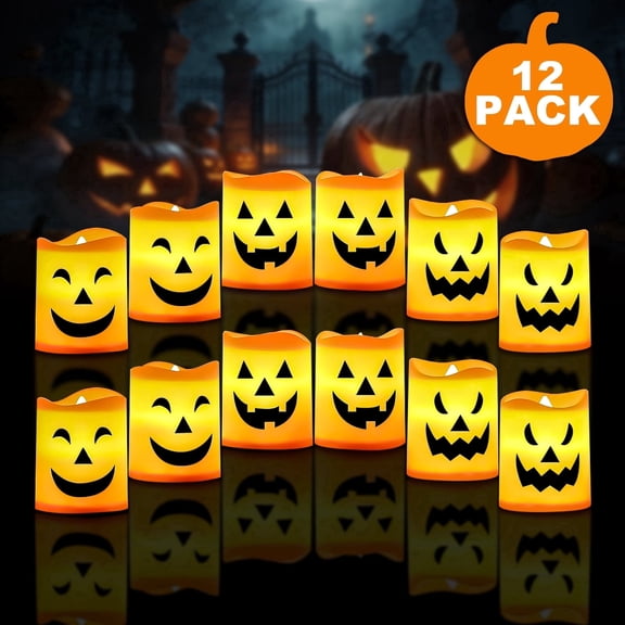 JILhome 12 PCS Halloween Flameless Candles, LED Tea Lights Candles, Battery Operated Pillar Candles in Warm Yellow for Halloween, Home Decor