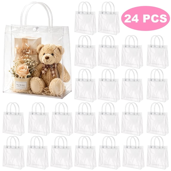 JILhome 24 PCS Clear Gift Bags with Handles, 5.1 x 2.8 x 5.9 Inches Plastic Goodie Bag, Reusable Party Favor Bags for Weddings, Birthdays, Celebrations